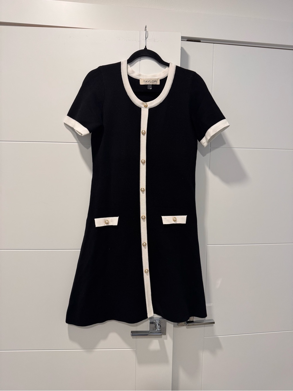 Taylor Black Knit Cardigan with Cream Trim and Pearl Button